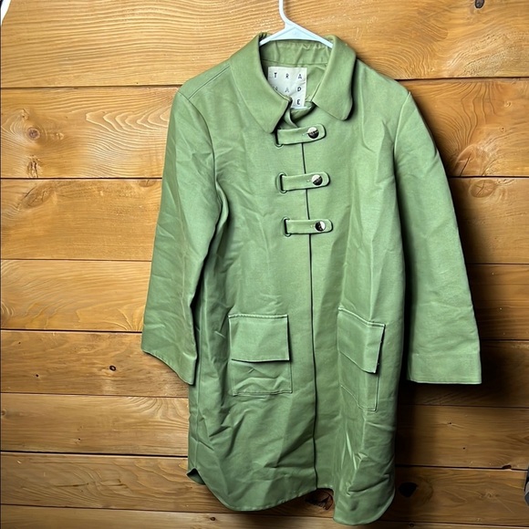 Trademark‎ women’s trench coat jacket olive green button loop closure Lg pockets - Picture 1 of 12